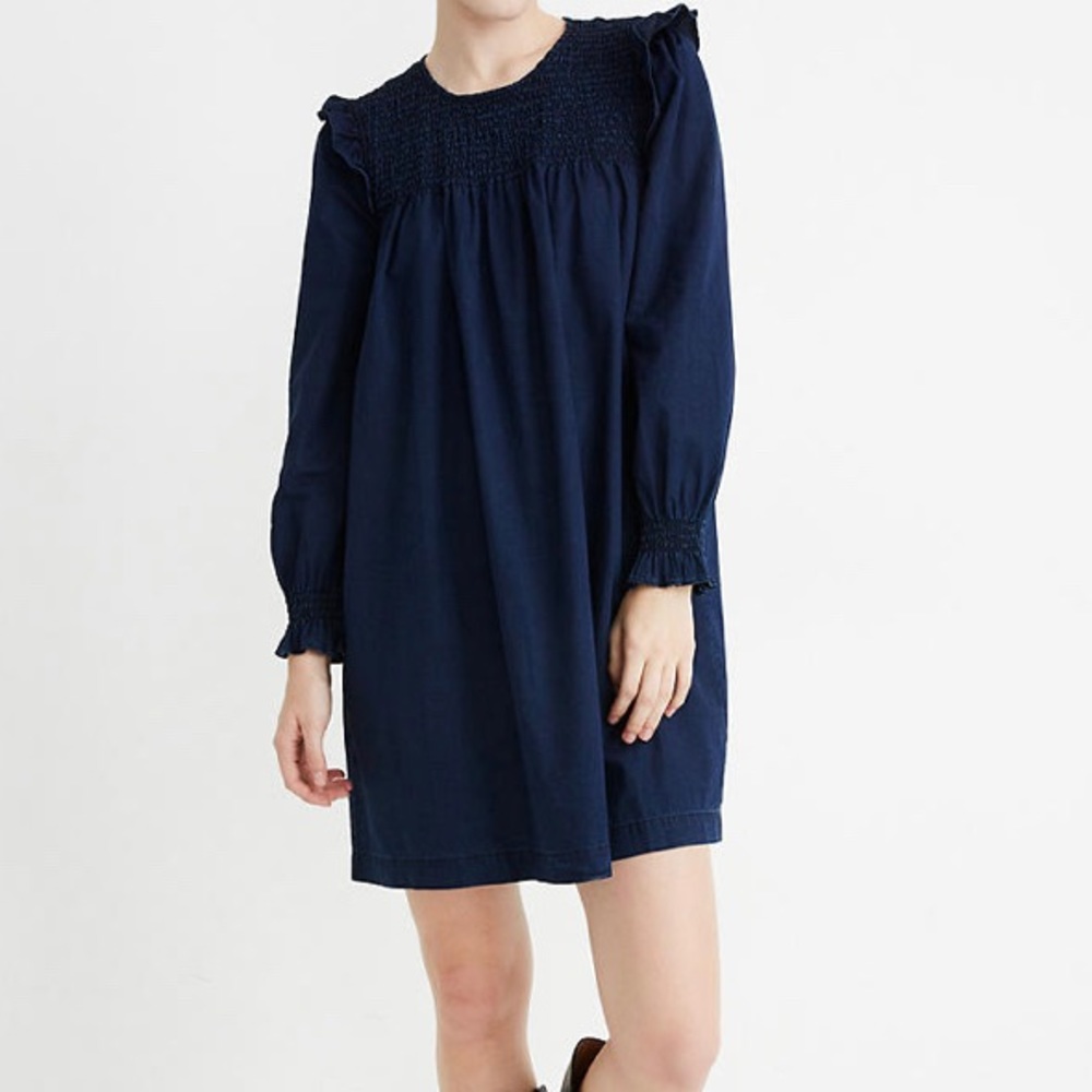 Madewell Indigo Ruffle-Neck Smocked Babydoll Dress